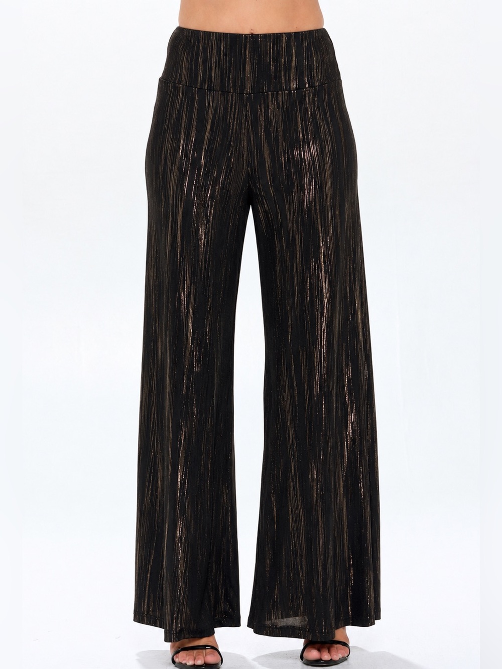 Renee C. Black Wide-Leg Pants with Metallic Bronze Stripe